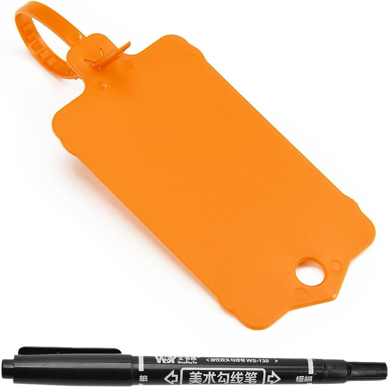 LeadSeals 100pcs Blank Plastic Tags for Labeling Reusable Hanging Tags Ties Key Tag Storage Labels Waterproof Plastic Mark Label Writable Hang Sign with One Marker Pen (Orange) - Image 1